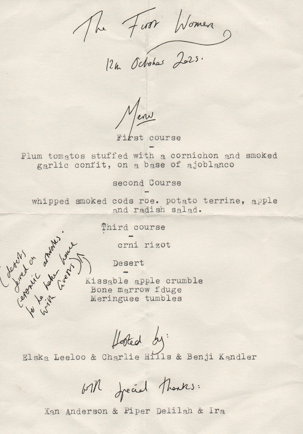 The First Women, menu, 12 October 2025
